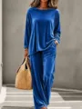 Royal blue velvet lounge set with a comfortable top and long pants for daily wear. - Blue