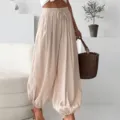 Γυναικείο καλοκαιρινό casual φαρδύ παντελόνι lantern high waist μπεζ καλοκαίρι νέα μόδα - S / Bottoms / Βερικοκί