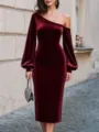 Women off-shoulder velvet long sleeve slim dress elegant fall fashion party wear outfit - S / Dresses / Burgundy