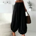 Casual μαύρο καλοκαιρινό παντελόνι φανάρι, χαλαρό παντελόνι χαρέμι με ψηλή μέση. - S / Bottoms / Μαύρο
