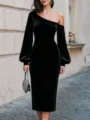 elegant black velvet one shoulder long sleeve midi dress for women autumn fashion - S / Dresses / Black