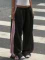 Women autumn loose wide leg sweatpants with pink side stripes casual street style trousers - Black