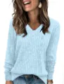 Pull tricot côtelé col V bleu clair pour femme haut à manches longues décontracté mode - S / Hauts / Bleu ciel