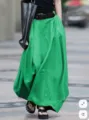 Green maxi skirt for women, high waist A-line design, loose fit long skirt for casual street style. - Green