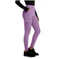 Detail view of women's purple high-waist cargo yoga pants featuring side pockets and buttons. - S / Violet
