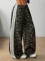 Women camouflage wide leg sweatpants with white side stripes, casual loose fit long pants view. - S / Bottoms / Army Green 1