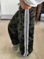 Women camouflage wide leg sweatpants casual fashion pants contrast stripe track trousers - S / Bottoms / Army Green 2