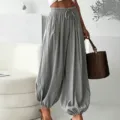 Γυναικείο casual γκρι παντελόνι φανάρι ψηλόμεσο ρυθμιζόμενο κορδόνι χαλαρό harem - S / Bottoms / Γκρι