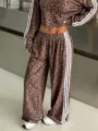 Women Leopard Print Tracksuit Two Piece Set Casual Long Sleeve Crop Top Wide Leg Pants - S / Bottoms / Dark Brown