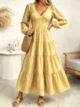 French style long sleeve tiered V-neck yellow maxi dress for women, elegant slim fit casual wear. - S / Dresses / Lemon Yellow