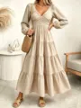 French style long sleeve V-neck A-line tiered maxi dress for women early autumn. - S / Dresses / Beige