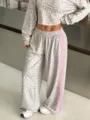 Leopard print wide-leg sports pants for women with contrast pink side stripes, casual style. - S / Bottoms / Light Gray 2 Red Ribbon