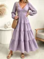 Women's Long Sleeve V-Neck Tiered Maxi Dress Elegant Casual A-Line Long Purple Dress - S / Dresses / Violet