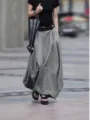 Femme taille haute jupe longue grise décontractée ample trapèze longues jupes de danse chic - S / Bas / Gris
