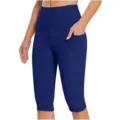 Close-up view of dark blue high-waisted yoga capri leggings with side pocket, stretchy activewear detail. - S / Bottoms / Blue