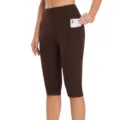 Women high waist yoga capri pants with side pocket brown athletic leggings detail view - S / Bottoms / Black