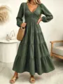Dark green long sleeve maxi dress, V-neck tiered dress for women autumn elegant style. - S / Dresses / Olive Green