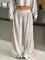 Women's Grey Leopard Print Crop Top and Wide Leg Track Pants Set with Pink Side Stripes - S / Bottoms / Light Gray 1