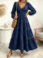 Dark blue long sleeve V-neck tiered maxi dress, elegant French style casual autumn women dress. - S / Dresses / Dark Blue