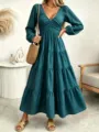 Elegant dark green long sleeve tiered dress with v-neck and waist cinch for women. - S / Dresses / Teal