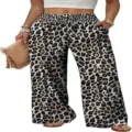 Women High Waist Leopard Print Wide Leg Trousers Casual Loose Pants with Pockets Summer - Leopard White