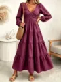 Elegant V-neck long sleeve tiered maxi dress for women, stylish purple A-line autumn outfit. - S / Dresses / Pink Purple