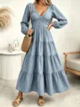 Elegant grey-blue long-sleeve V-neck tiered maxi dress for women, stylish and slim fit. - S / Dresses / Light Blue