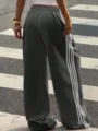 Grey wide-leg knit track pants with side stripes, casual streetwear loose sweatpants. - S / Bottoms / Gray
