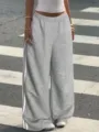 Women grey wide leg sweatpants with white side stripes, casual high waist loose knit trousers. - S / Bottoms / Light Gray