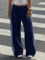 Women's casual loose wide-leg sweatpants with contrast side stripes, trendy streetwear style. - Navy Blue