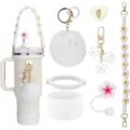 Tumbler accessories set including woven daisy strap, fluffy pom-pom, cup boot and straw cover - 7 Pieces (Without Cup) / White