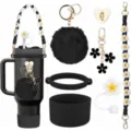 Detailed view of black tumbler accessories set including daisy strap and pompom charm. - 7 Pieces (Without Cup) / Black
