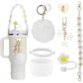 Tumbler accessories set featuring daisy braided strap, pom pom keychain, and silicone boot. - 7 Pieces (Without Cup) / White - Yellow Flower Center