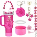 Roze 40oz beker accessoires set met gevlochten bloemenriem, pompon sleutelhanger en siliconen hoes. - 7 Stuks (Zonder Beker) / Rozerood