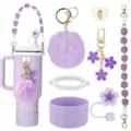 Paarse beker accessoires detail: schattig bloem gevlochten bandje, pluizige pompon en rietje hoes set. - 7 Stuks (Zonder Beker) / Paars