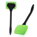 Car windshield defogging cleaning brush with green microfiber cloth and long plastic handle. - Green
