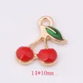 Gold-plated alloy cherry charm pendant with red enamel fruit and green leaf for DIY jewelry making. - Little Cherry