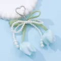 Cute pearl tulip bag charm, sweet heart clasp keychain, elegant floral fashion accessory. - Style 15
