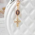 Gold alloy cross keychain with pearls rhinestones and blue religious pendant for bag decor - Dark Blue