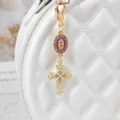 Gold alloy cross rhinestone bag charm keychain DIY faith Christian rosary pendant accessory - Purple