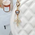 Gold Alloy Pearl Cross Keychain with Heart Rhinestone Bag Charm Aesthetic Pendant - Style 10