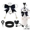 Cute black bow pearl chain tumbler accessories set with silicone cup boot and straw cover. - Picture 5