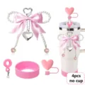 Pink tumbler accessories set featuring pearl bow charm, silicone boot, and heart straw cover. - Picture 6