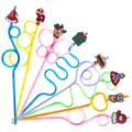 Christmas cartoon crazy loop straws with cute silicone toppers party drink accessories - Style 3 (24 Pcs/Pack)
