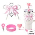 Cute Pink Tumbler Accessories Set Pearl Bow Chain Straw Cover Cup Sleeve 4Pcs - Picture 2