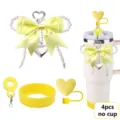 Yellow tumbler accessory set including cute bow pearl charm, heart straw cover and silicone boot. - Picture 4