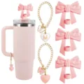 Pink tumbler cup accessories set with cute bow straw cover and letter M heart charms. - Letter A / 5-Piece Set 2
