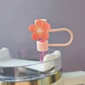 Pink cherry blossom silicone straw cover detail, cute 10mm dust plug for Stanley cups. - Without Straw / Pattern 3