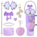 Ensemble d'accessoires de tasse violette avec topper de paille et pompon mignon. - Série 7