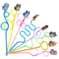 Colorful plastic crazy drinking straws set with cute cartoon cat toppers for birthday party. - Style 1 / 24 Pcs/Set